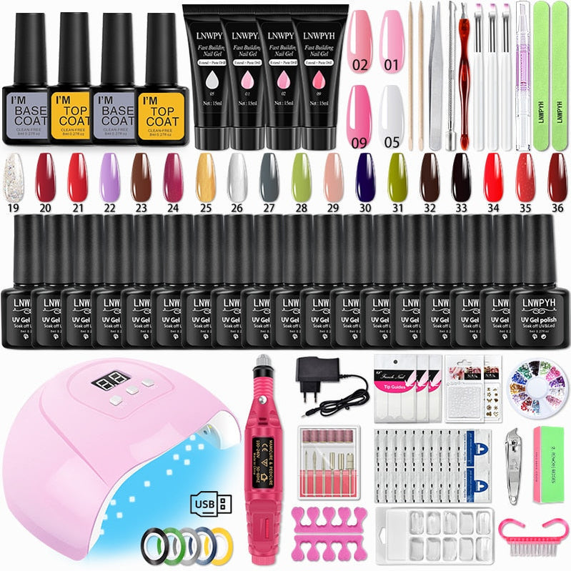 Varnish Nail Set Acrylic Nail Kit For Nail Extensions Gel Nail Polish Set With UV Nail Lamp Electric Nail Drill Manicure Tools S077-X4-(19-36)