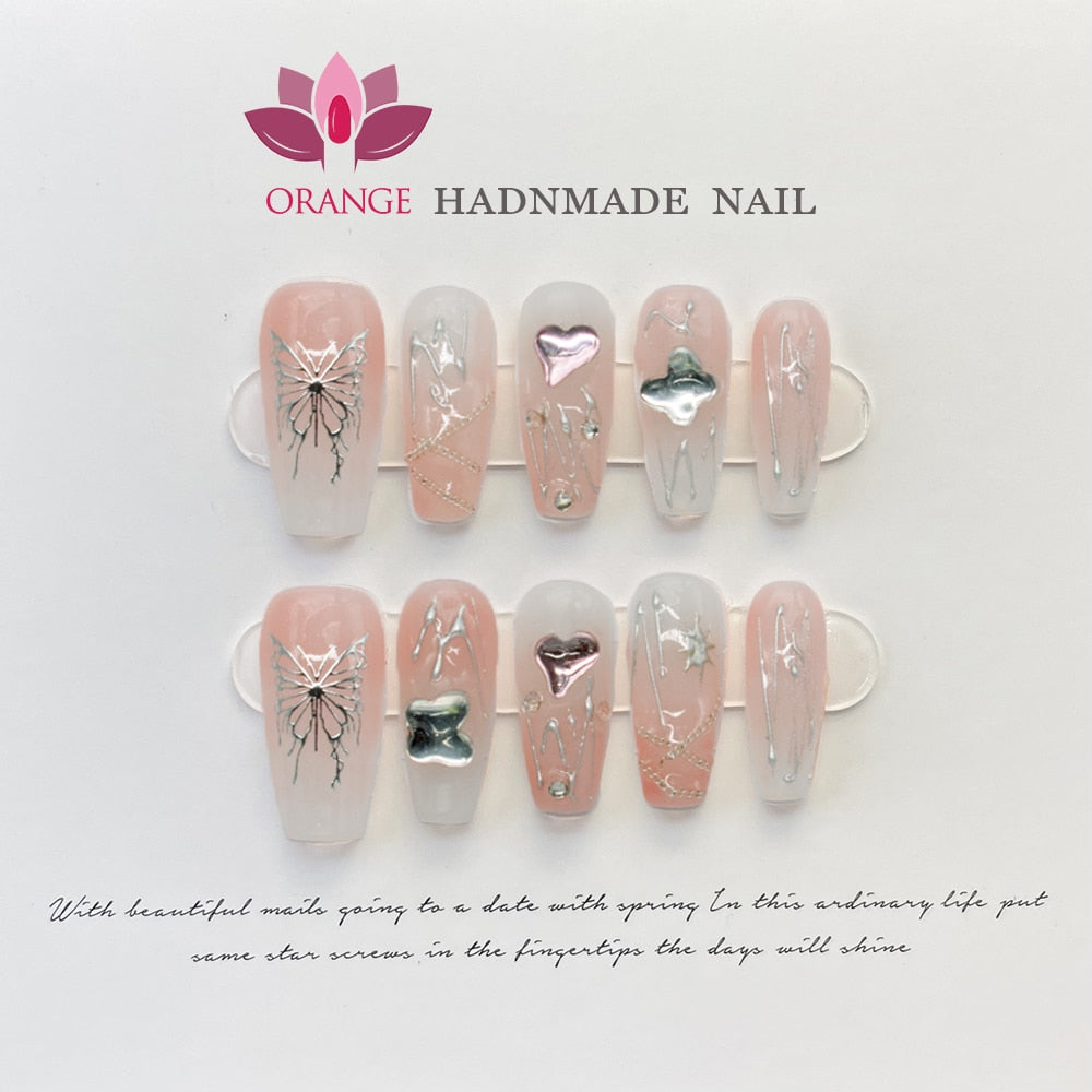 Pink Handmade Nails Press on Full Cover Professional Nails Manicuree Heart False Nails Japanese Wearable Artificial With Designs