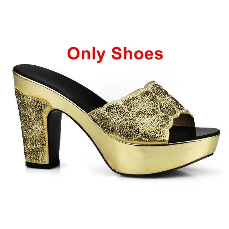 Latest Design Red Color Matching Women Shoes and Bag Set Decorated with Rhinestone African Shoe and Bag Set for Party In Women Gold Only Shoes