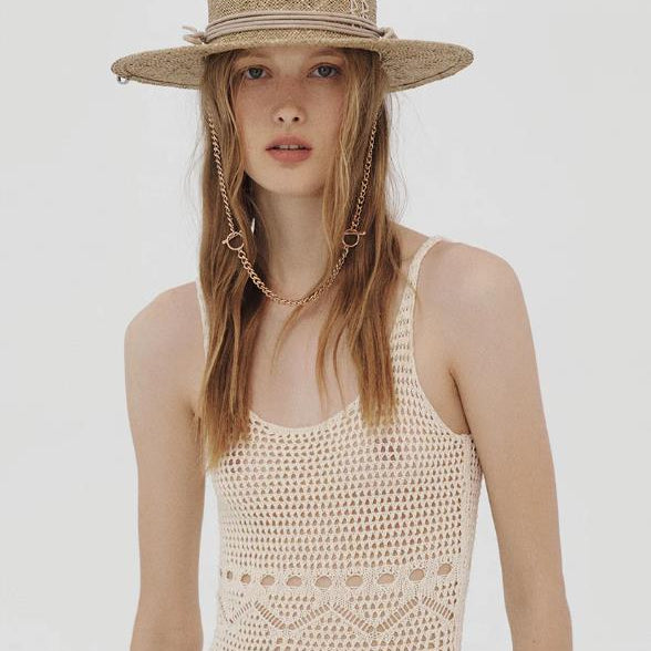 raffia straw hat for women with letter and chain Wide Brim Floppy Sun Hat Summer Hats Lady Beach Cap