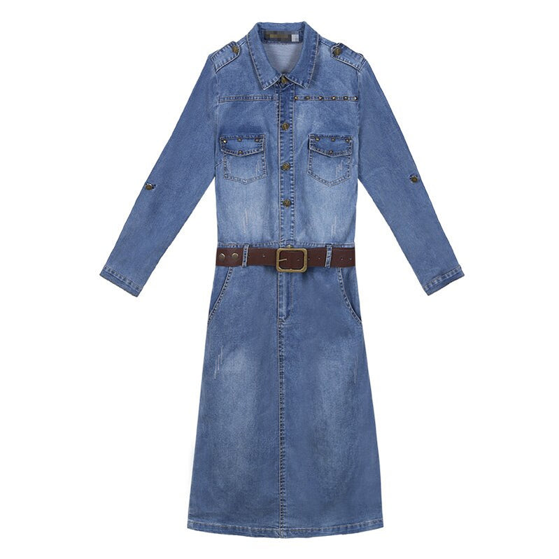 spring and fall Denim blue Rivet Knee-Length party dress women omighty shirt bodycon club dress