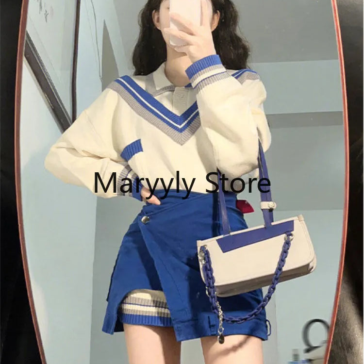 Autumn Fashion Suits Chic Japanese Long Sleeve Y2k Two Piece Dress Set Female Casual Blouse + Blue High Waist Mini Skirts