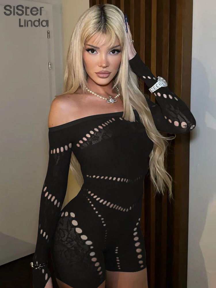 Sisterlinda Sexy Hollow See Through Romper Women Long Sleeve One Shoulder Skinny One Piece Playsuit Female Workout Overalls
