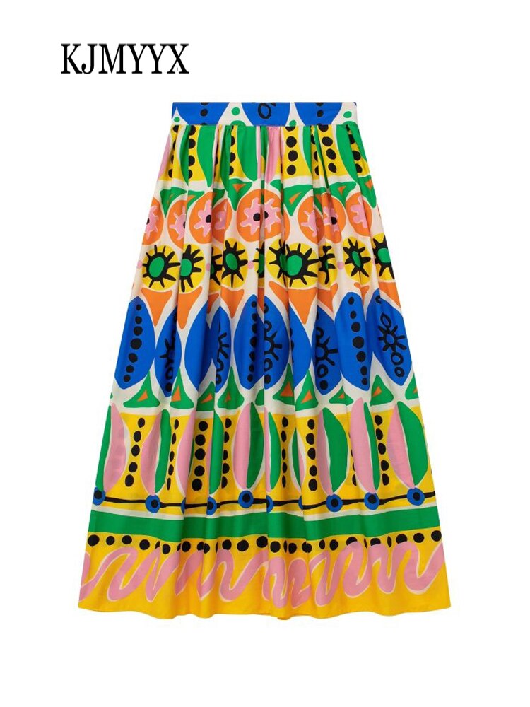 KJMYYX 2023 Fashion Summer Print Skirt Sets For Women Female Causal Halter Sleeveless Camisole Tops A-Line Mid-Calf Skirt