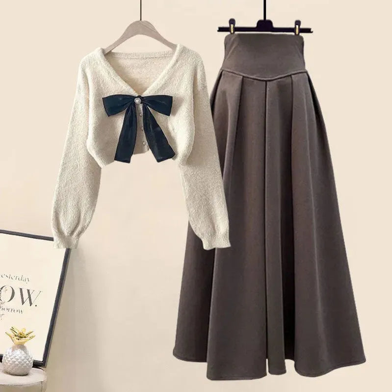 Spring Autumn in Matching Sets Women's Fashion Slim Bow Sweater+High Waist Skirt Two-piece Set Korean Chic Dress Suit Set 01
