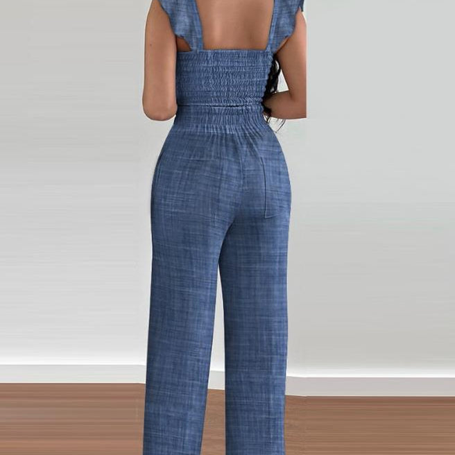 Two Piece Sets Womens Outifits Spring Fashion Shirred V-Neck Sleeveless Crop Top & Casual Pocket Design Wide Leg Pants Set