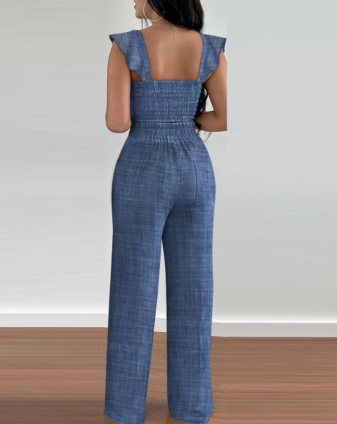 Two Piece Sets Womens Outifits Spring Fashion Shirred V-Neck Sleeveless Crop Top & Casual Pocket Design Wide Leg Pants Set