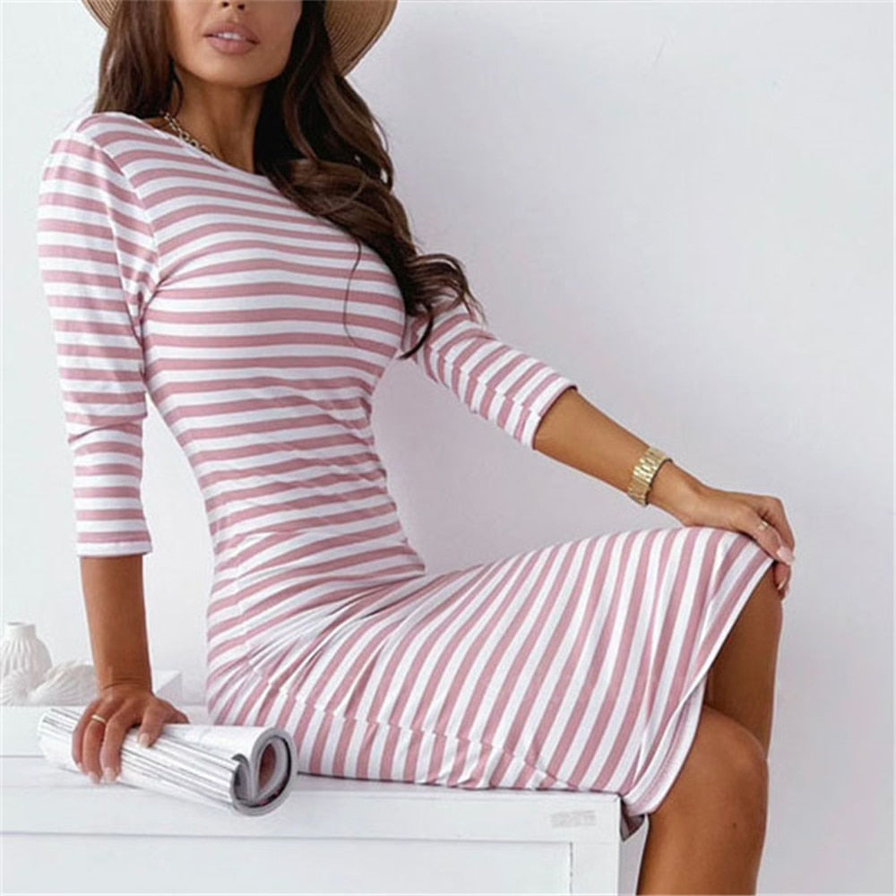 Womens Backless 3/4 Sleeve Midi Knee Length Dress Bodycon Ladies Party Striped Slim Pink