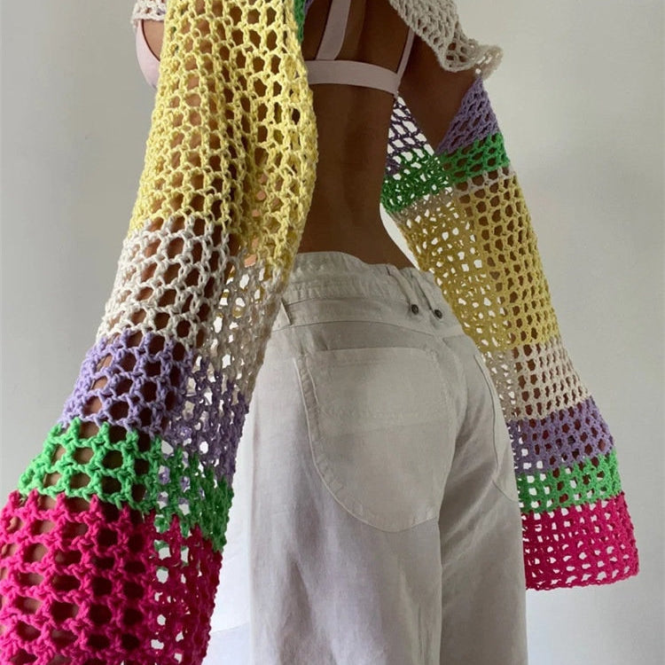 Summer Long Sleeve Smock Knitted Crop Top Women Y2k Beach Sexy Backless Hollow Out T Shirts Green Party Casual Pullovers