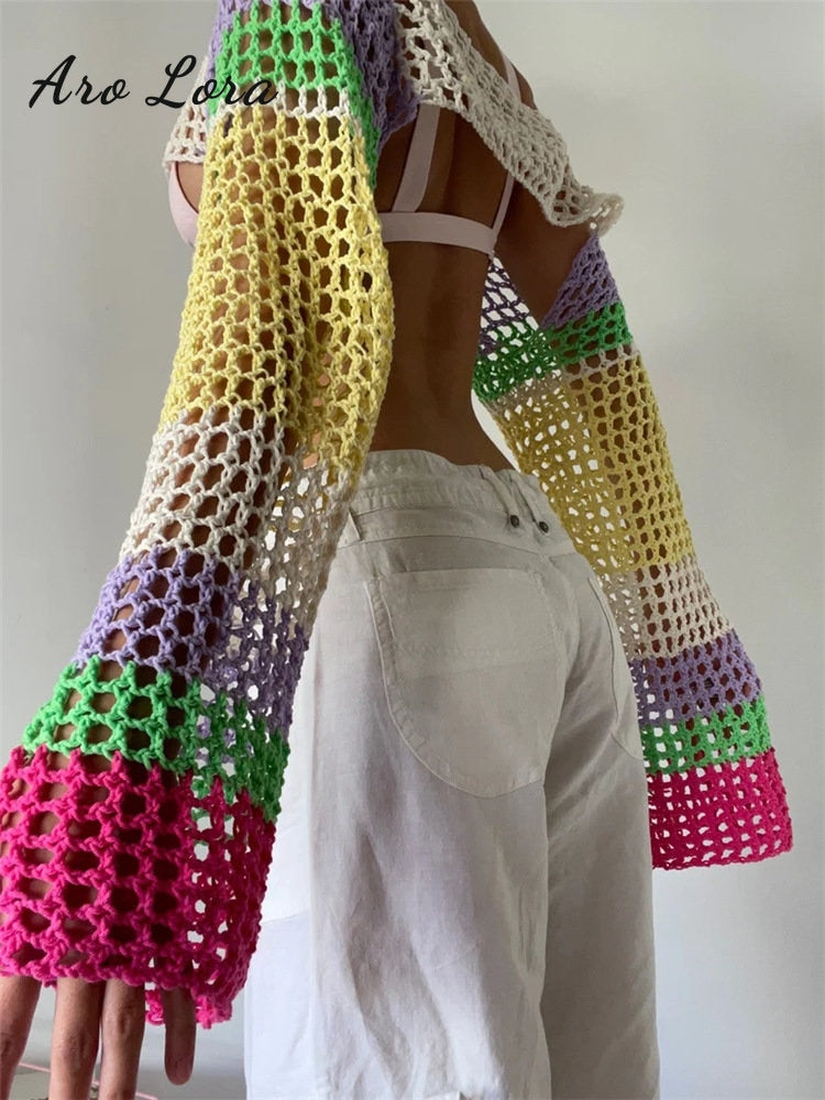 Summer Long Sleeve Smock Knitted Crop Top Women Y2k Beach Sexy Backless Hollow Out T Shirts Green Party Casual Pullovers