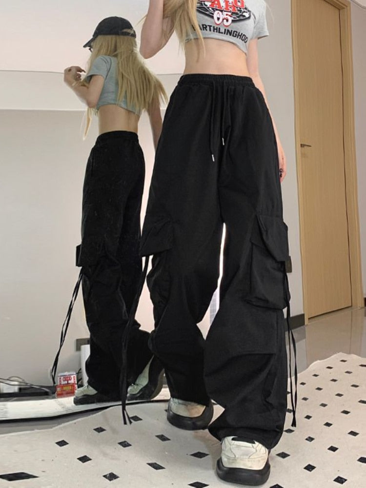 HOUZHOU Harajuku Y2k Wide Cargo Pants Women Baggy Hip Hop Style Black Parachute Pants Pink Oversized Joggers Korean Streetwear Black