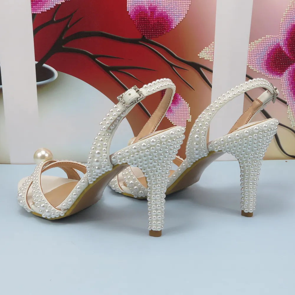 White Female Sandals Bridal shoes bag set woman Fashion Thin Heel Big Pearl Girls fashion Sandals party Shoes