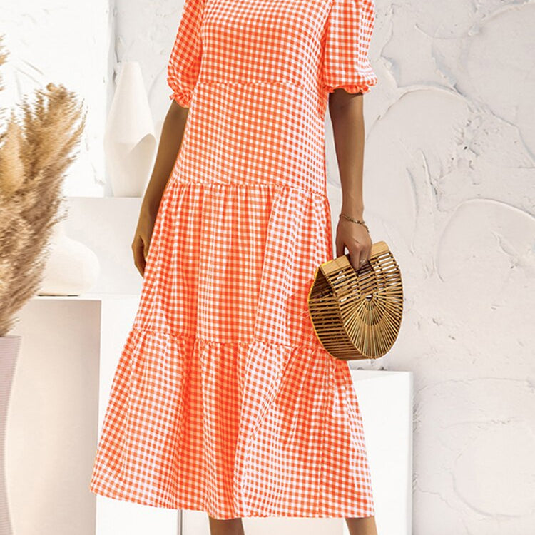 Summer Long Maxi Dress Women Casual Short Sleeve Square Collar Vintage Plaid Party Bohemian Vestidos Loose Sundress B-Orange Spain