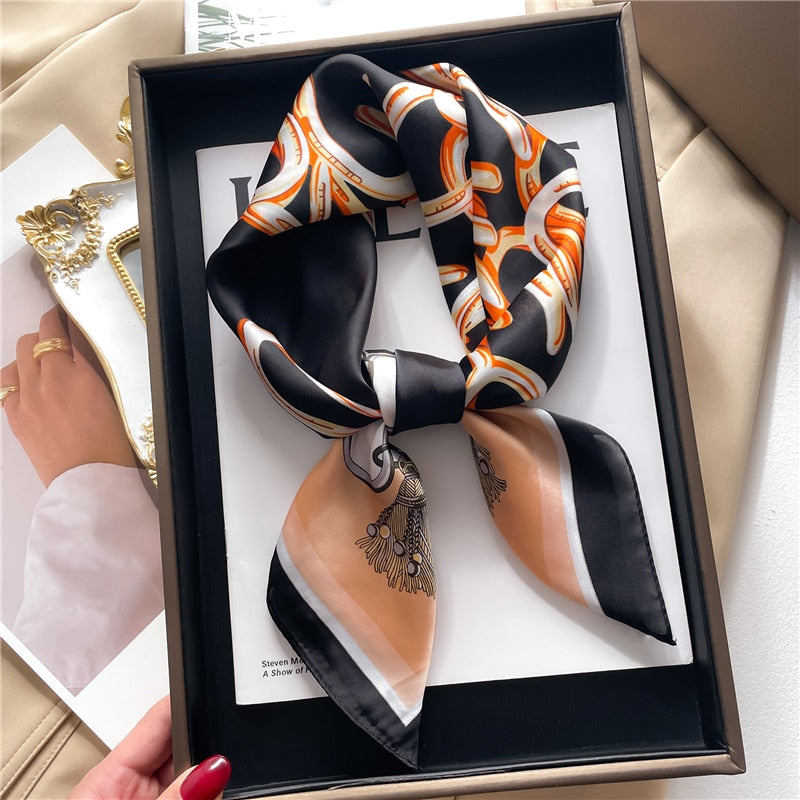 Fashion Hair Scarf for Women Decor Headband Ribbon Satin Silk Square Scarves Lady Wrist Wrap Shawls Design Bandana Foulard FJ710-2