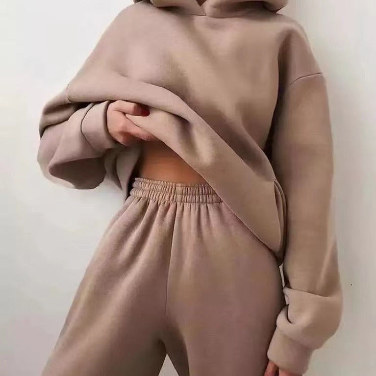Winter Women Two Piece Sets Tracksuit Autumn Casual Solid Long Sleeve Hoodie Sweatshirts Female Oversized Trouser Pant Suit