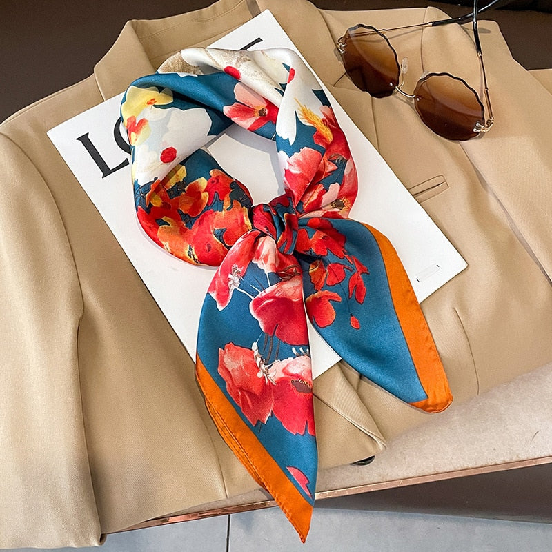 Luxury Silk Shawl Square Scarf for Women Satin Hijab Fashion Wraps Neckerchief Female Hair Bands Ribbon Headband Bandana W-195-5 70x70