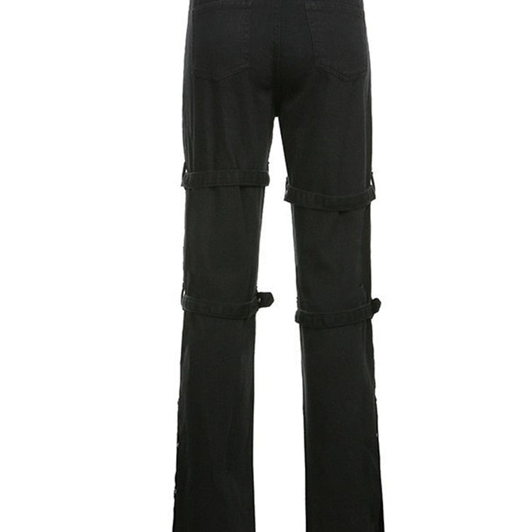 Eyelet Buckle Cyber Punk Goth Baggy Jeans Y2K Woman Techwear Dark Academic Solid E Girl Cargo Pants Denim Gothic Hippie Trousers