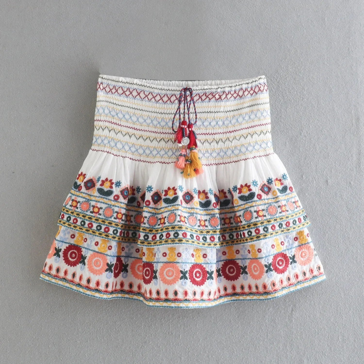 Batwing Sleeve Women Autumn Embriodery Paisley Print Skirt Set Outfits V Neck Button Tiered Mini Skirt Dress Suit Vintage Set Skirt-style 2