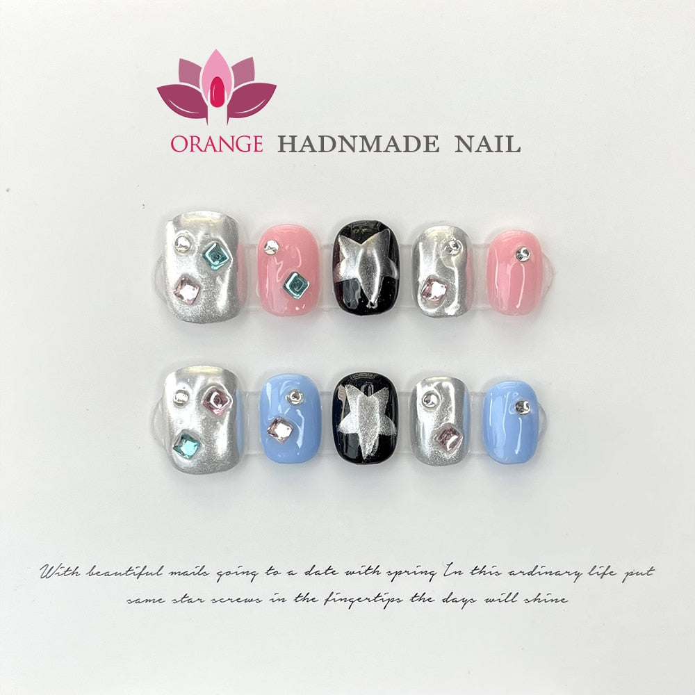 Handmade Gothic Short Press on Naile Rhinestone Round Head Manicuree Decoration Wearable Full With Design Acrylic Nail For Girls Spain