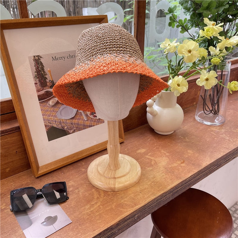 Sunscreen Hat Women's Net Red ins Korean Bucket Hat Hollow out Fisherman Basin Hat Outdoor Knitted Sun Shield Hat 25 55-58CM