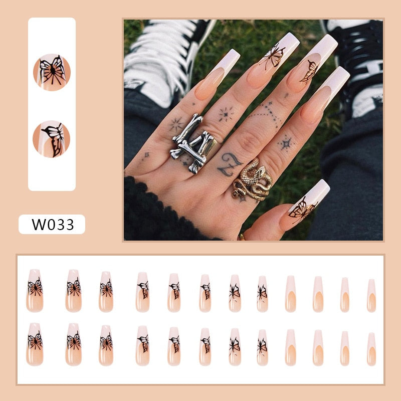 Y2k Fake Black Nail Long Ballet Reusable Adhesive Acrylic Press on set Nails Dark Acrylic Artificial False Nails Arts Tips 24pcs