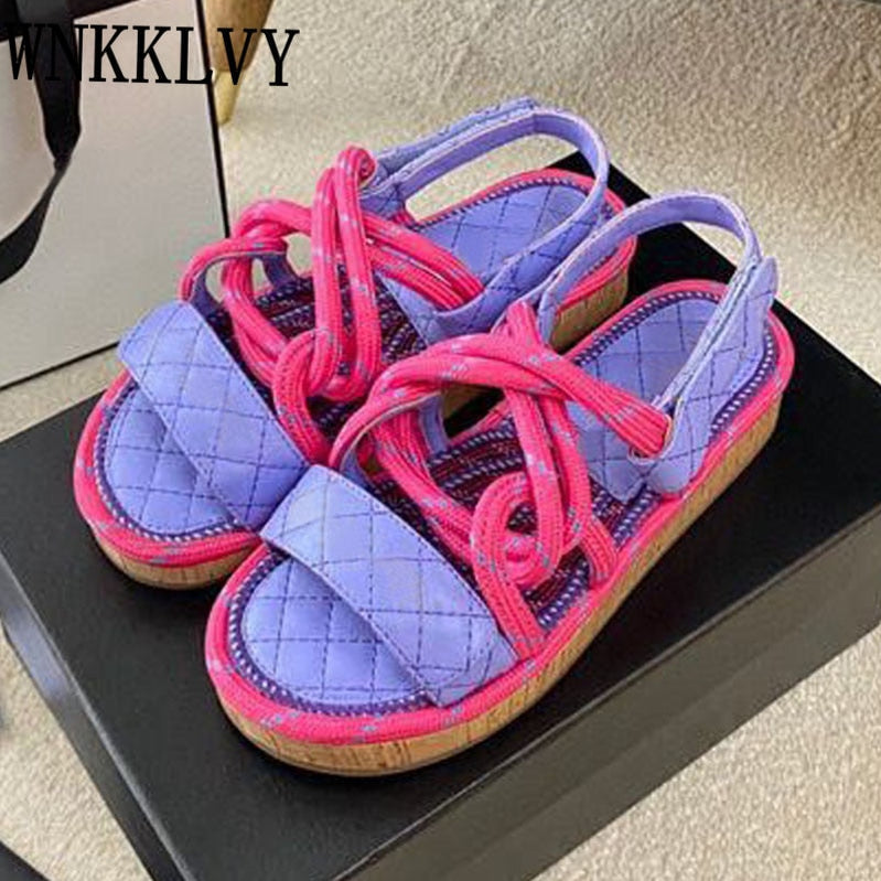 New Summer Women Real Leather Splicing Hemp Rope Open Toe Casual Sandals With Sticky Strap Design Resort Beach Flat Shoes