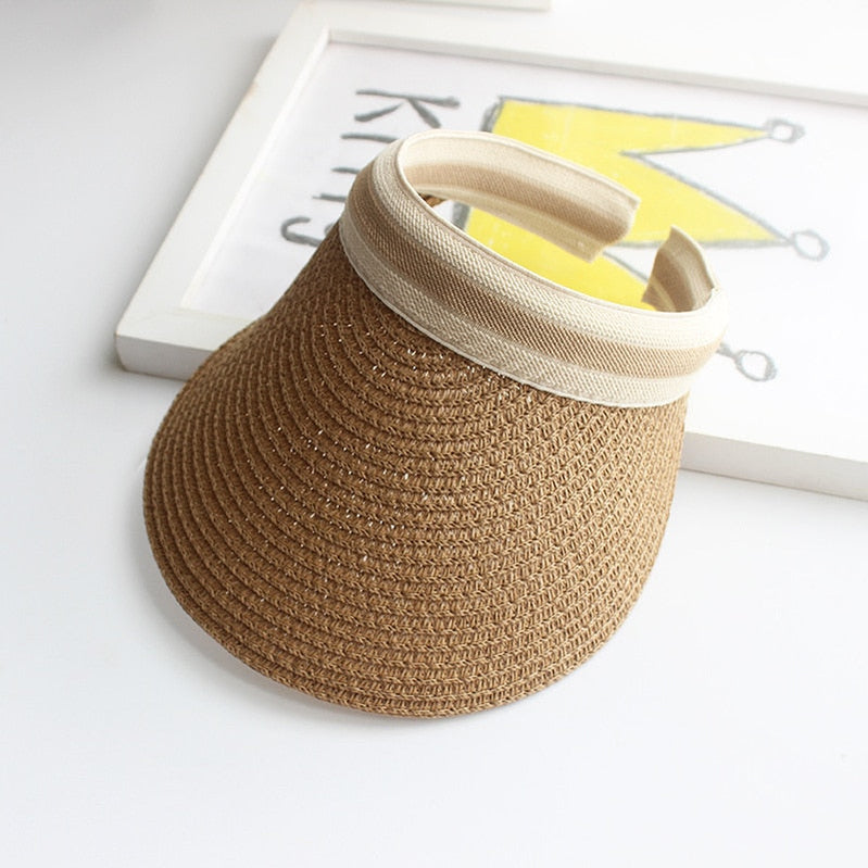 Summer Empty Top Sun Hat - Female Outdoor Visor Cap Casual Shade Hat Straw Wide Large Brim Beach Sunhat Lady 0672-Khaki