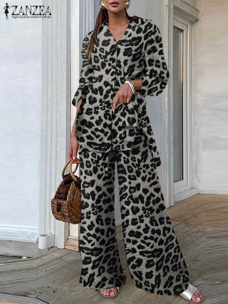 Fashion Women Leopard Print Pant Sets Casual Loose Tops and Pant Outfits Autumn Wide Leg Pant Leisure Two Piece Sets