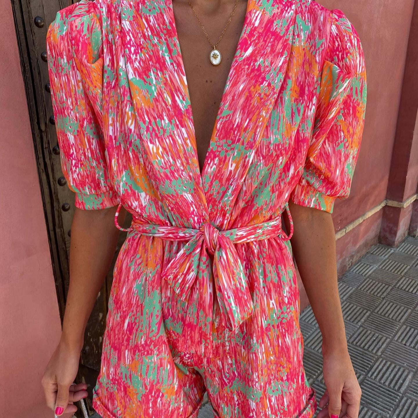 Skinny Playsuits For Women Deep V Neck Short Sleeve Spliced High Waist Print Playsuit Female Summer Fashion Style Jumpsuits