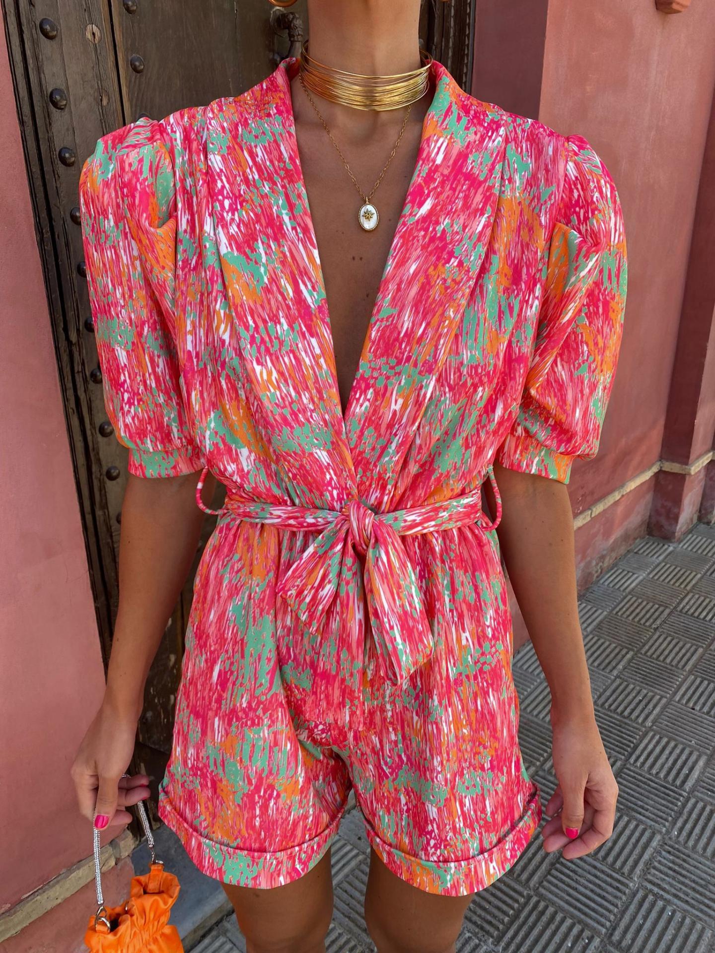 Skinny Playsuits For Women Deep V Neck Short Sleeve Spliced High Waist Print Playsuit Female Summer Fashion Style Jumpsuits