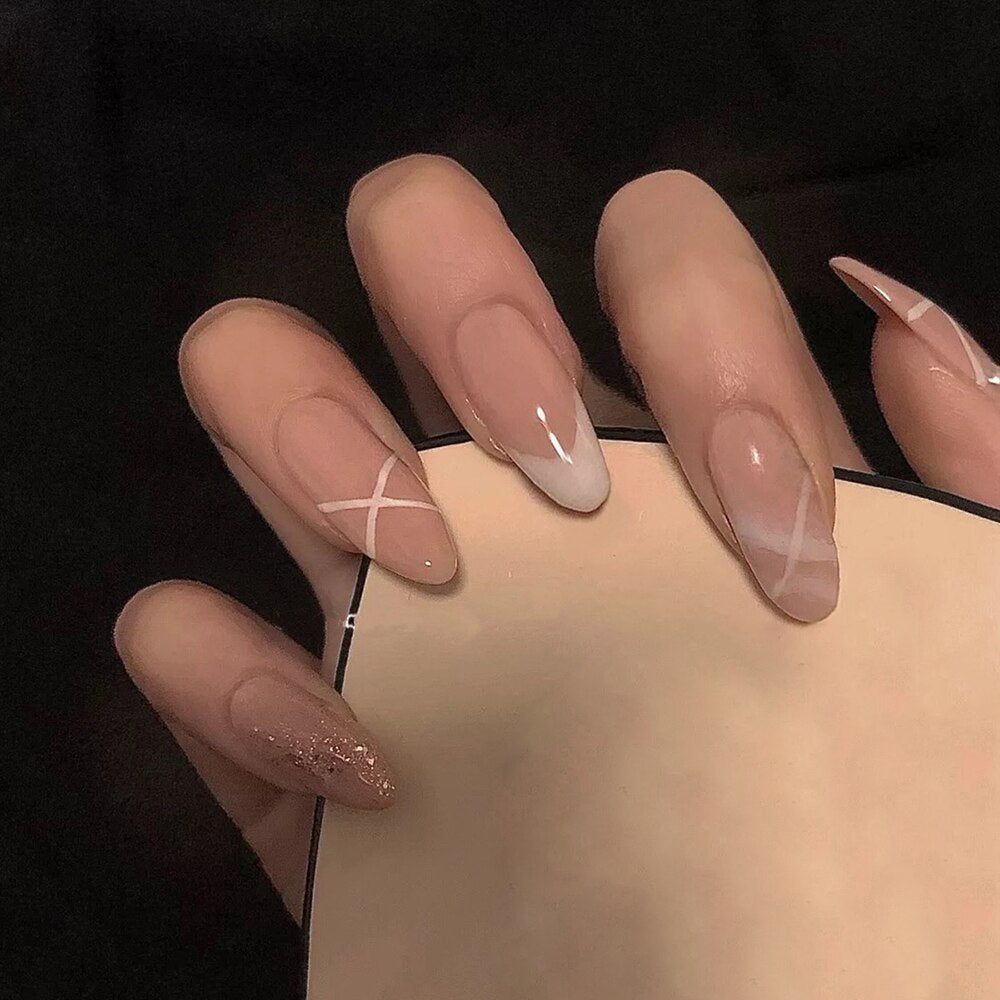 24Pcs/Set Fake Nails With Glue Full Cover Nail Tips Press On Med Nails DIY Manicure Oval Head False Nails Pink Almond Artificial