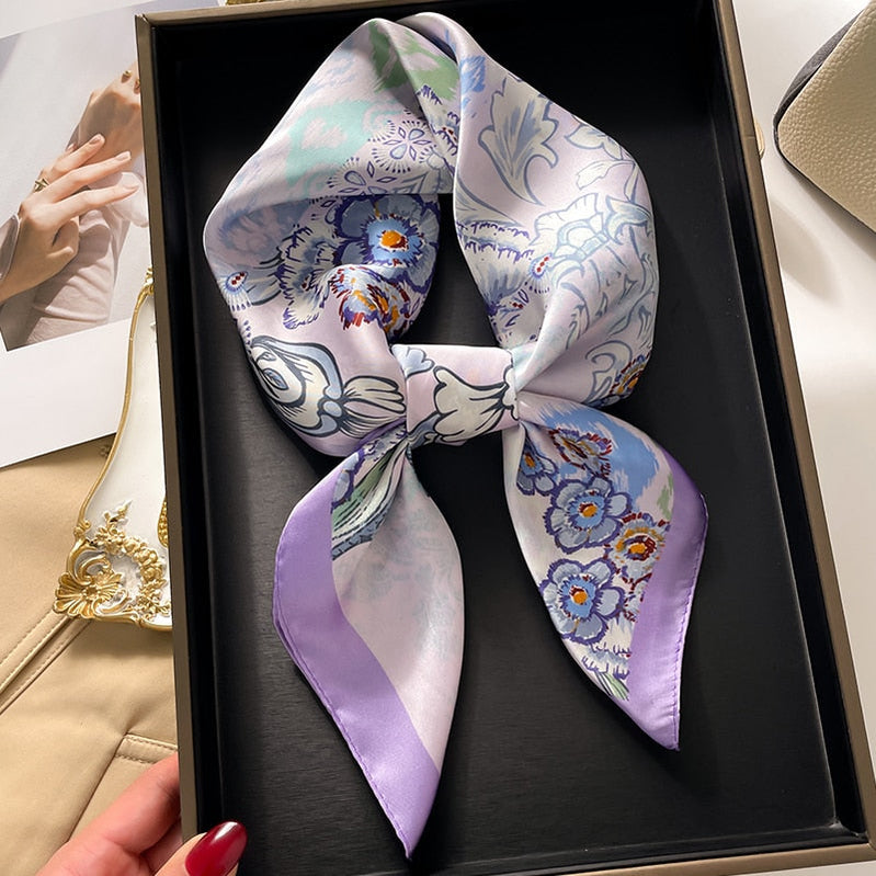 Fashion Hair Scarf for Women Decor Headband Ribbon Satin Silk Square Scarves Lady Wrist Wrap Shawls Design Bandana Foulard FJ725-2