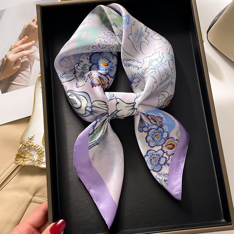 Fashion Hair Scarf for Women Decor Headband Ribbon Satin Silk Square Scarves Lady Wrist Wrap Shawls Design Bandana Foulard FJ725-2