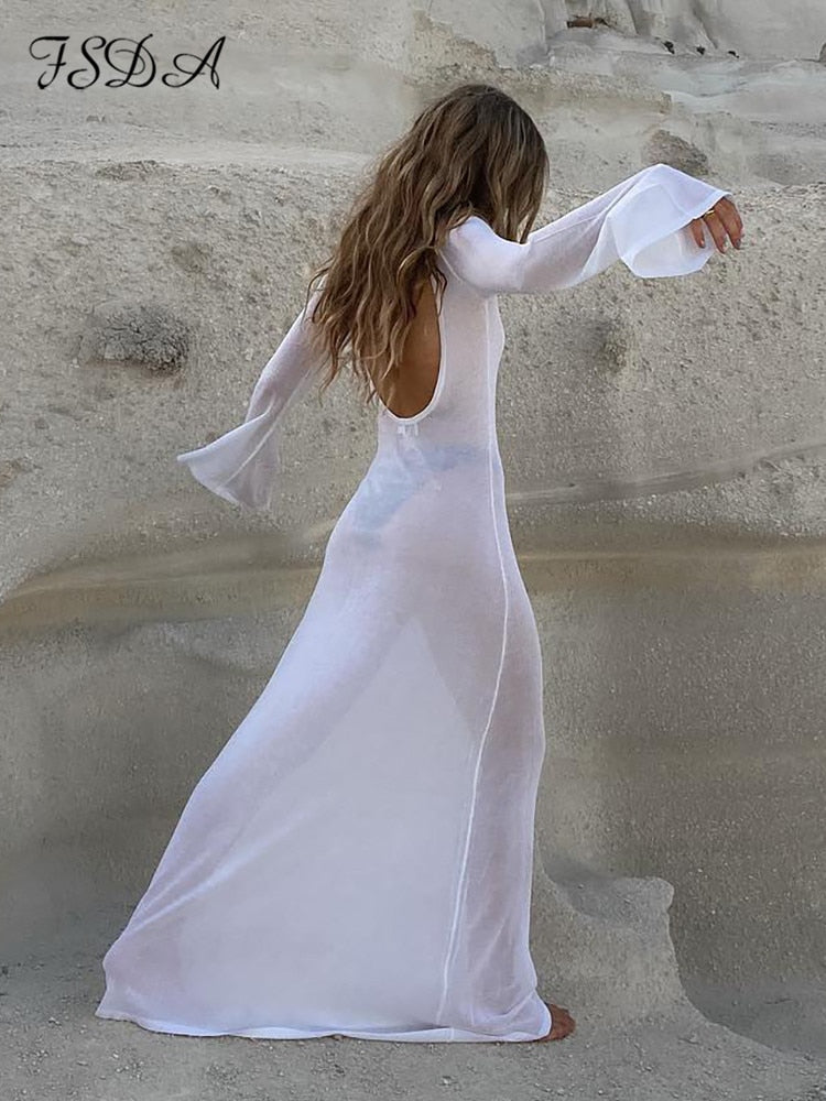 Maxi Long Sleeve Women Dress Backless Club See Through Mesh Summer Sexy Party Beach Dresses Bodycon Casual