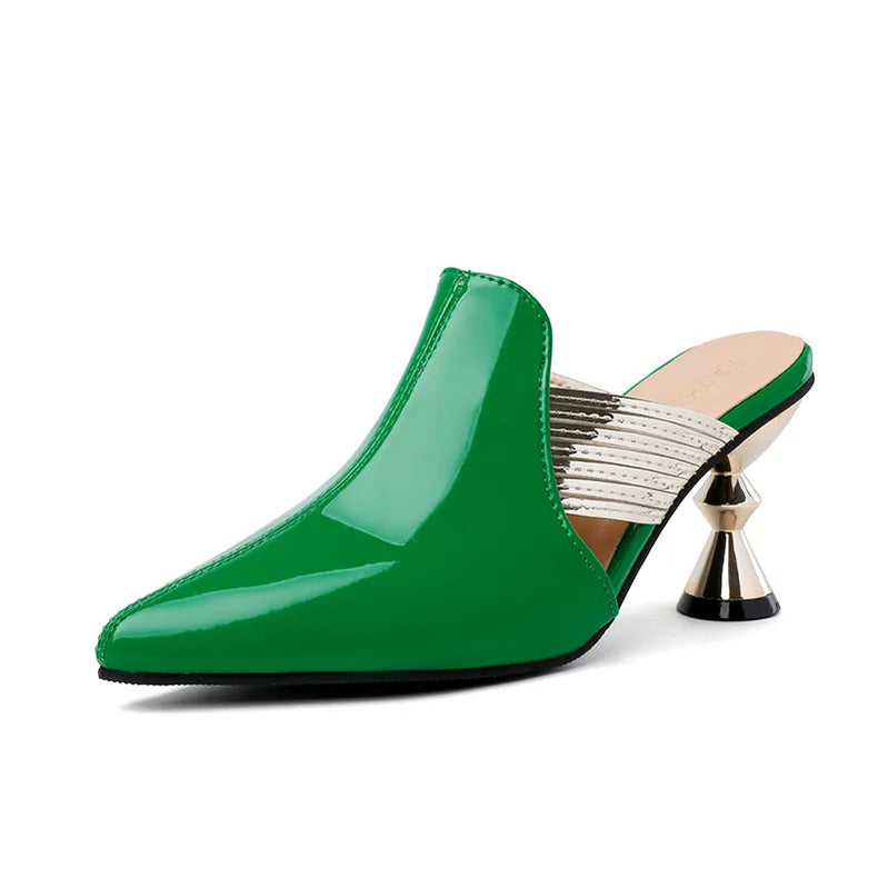 High Heel Slippers Pointed Toe Shoes Woman Elegant Mules Shoes Women Black Green Metal Heel Outdoors Womens Slippers Big Size green