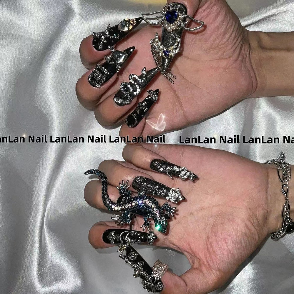 Fashion Cool Personality Cosplay Party Nails Long Coffin 3D High-End Chain Nail Tips Girls Gift Accessories 4