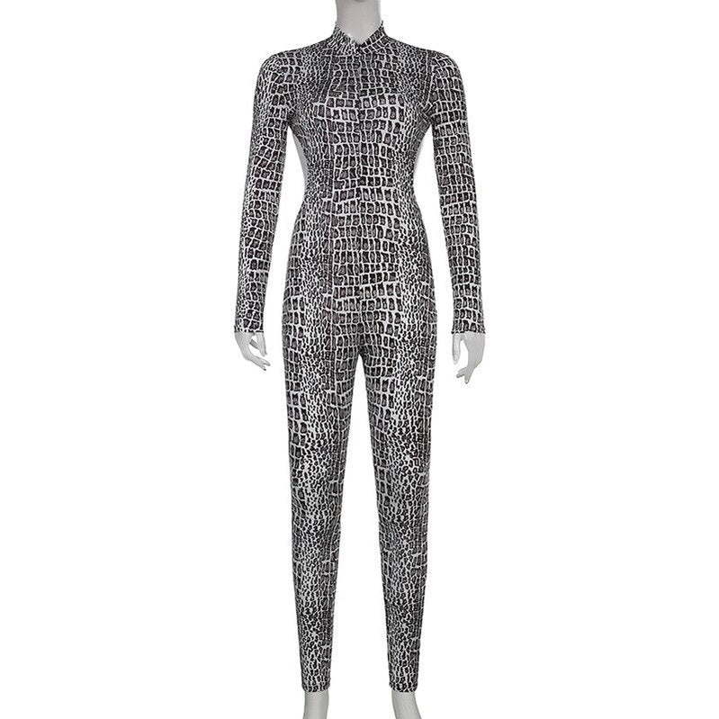 New Snakeskin Printed Long Sleeves Jumpsuits for Women Spring Summer Backless V-Neck Sexy Sport Bodysuit