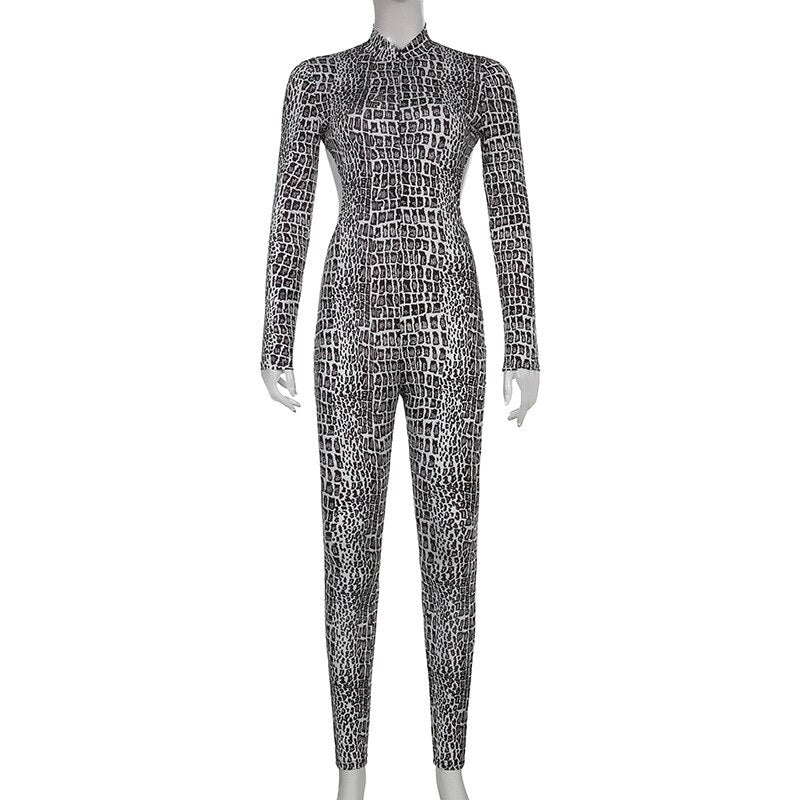 New Snakeskin Printed Long Sleeves Jumpsuits for Women Spring Summer Backless V-Neck Sexy Sport Bodysuit