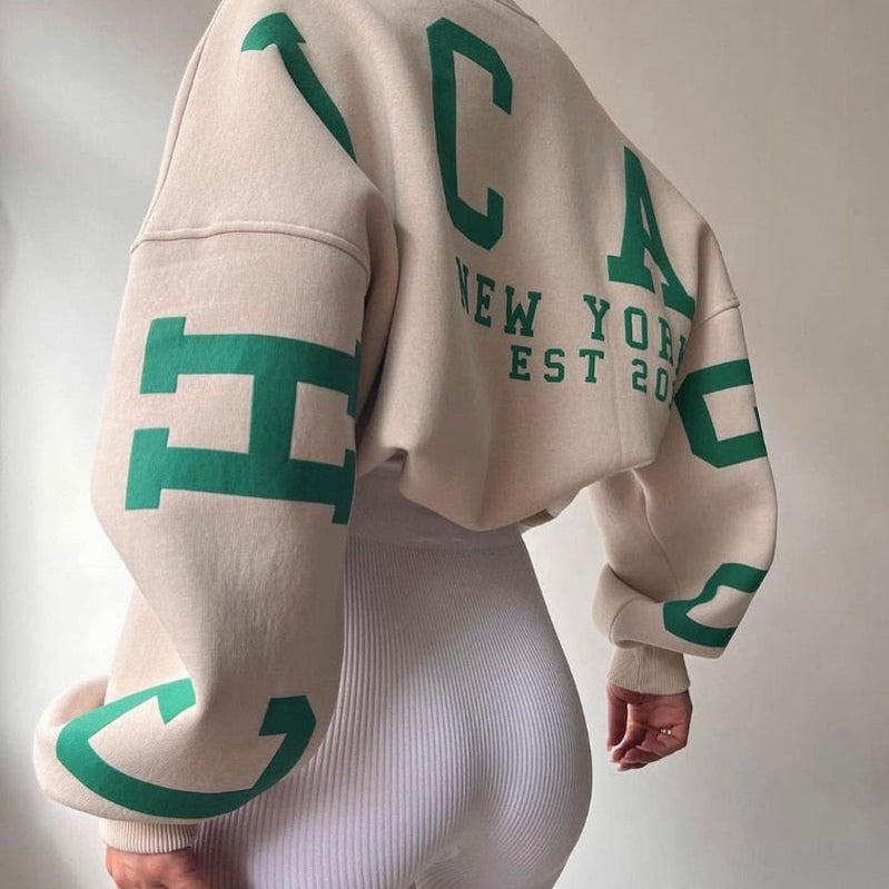 Women Casual Sweatshirts Fashion Letters Print O Neck Long Sleeve Pullovers Tops Vintage Loose Autumn Y2k Hoodies Streetwear