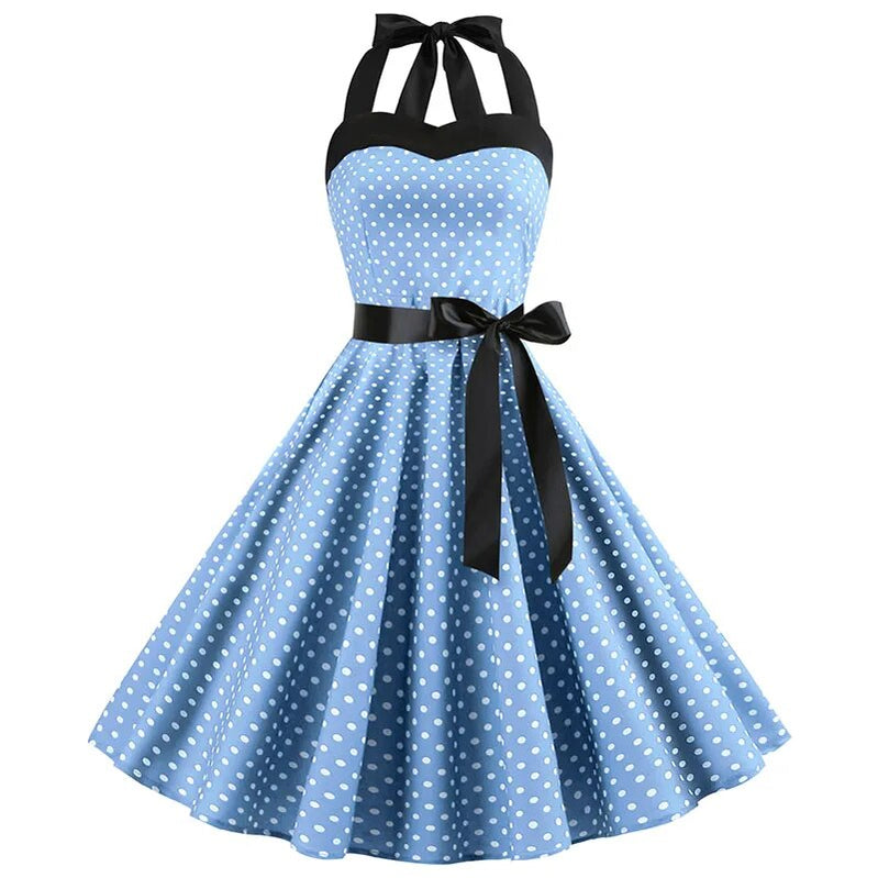 Polka Dot Dress Women Vintage Swing Halter Belt 50s 60s Rockabilly Prom Party Dresses Retro Feminino Vestidos 1014-LIGHT BLUE