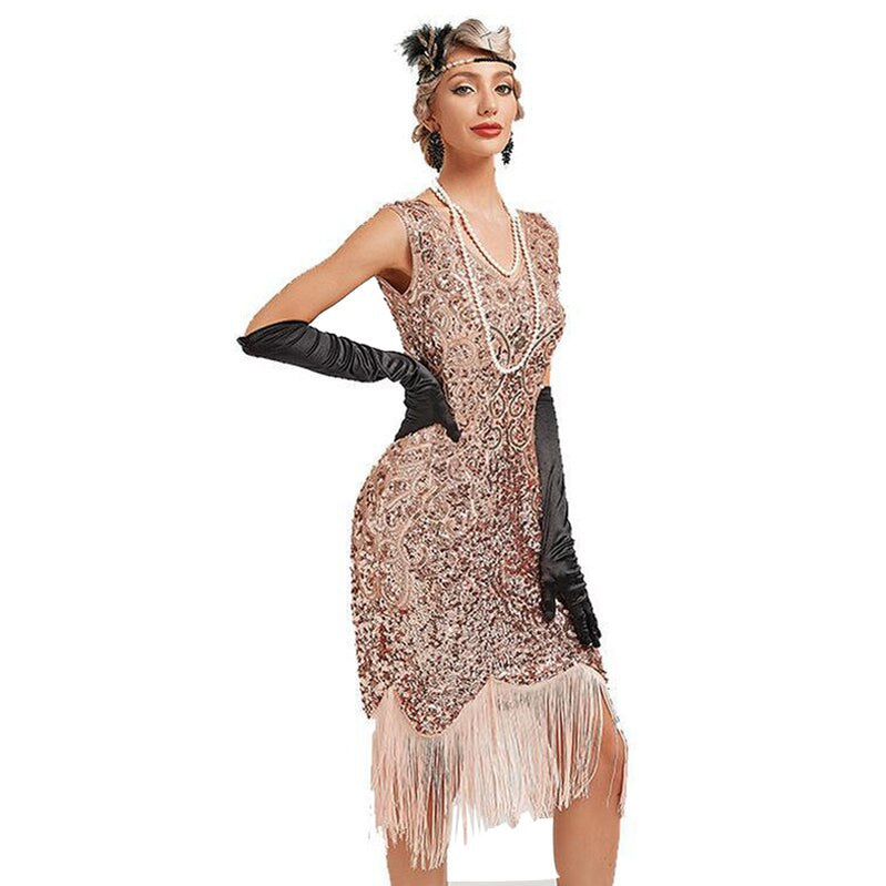 Summer 1920s Vintage Dress Tassel Flapper Dresses Prom Wedding Party Beaded Sequin Fringed O-Neck Women 30S Costume Pink