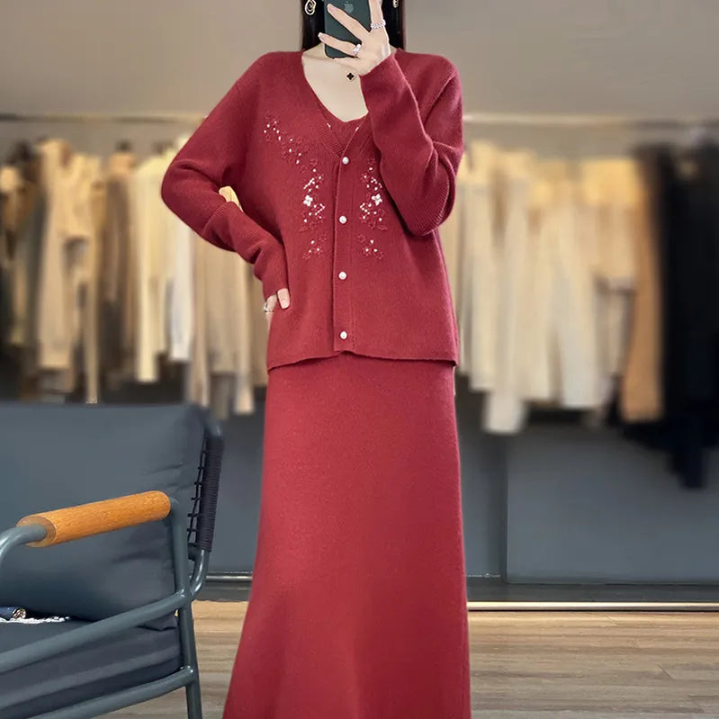 Autumn and Winter Pure Wool Fashion Versatile Cardigan Hanging Dress Set Large Women's Sweater Red