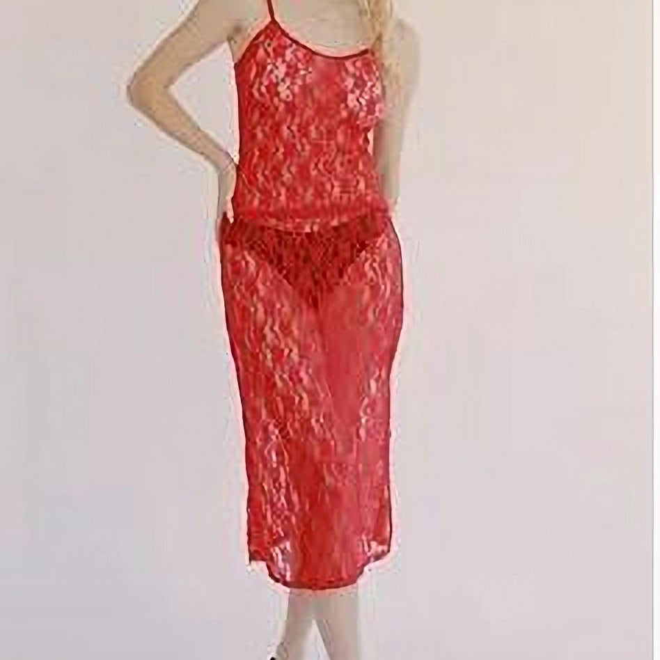 Women y2k Skirt Sets Suit 2Pcs Suit Lace Flower See Through Sleeveless Camisole + Wrapped Midi Skirt Summer Beach Outfits Red