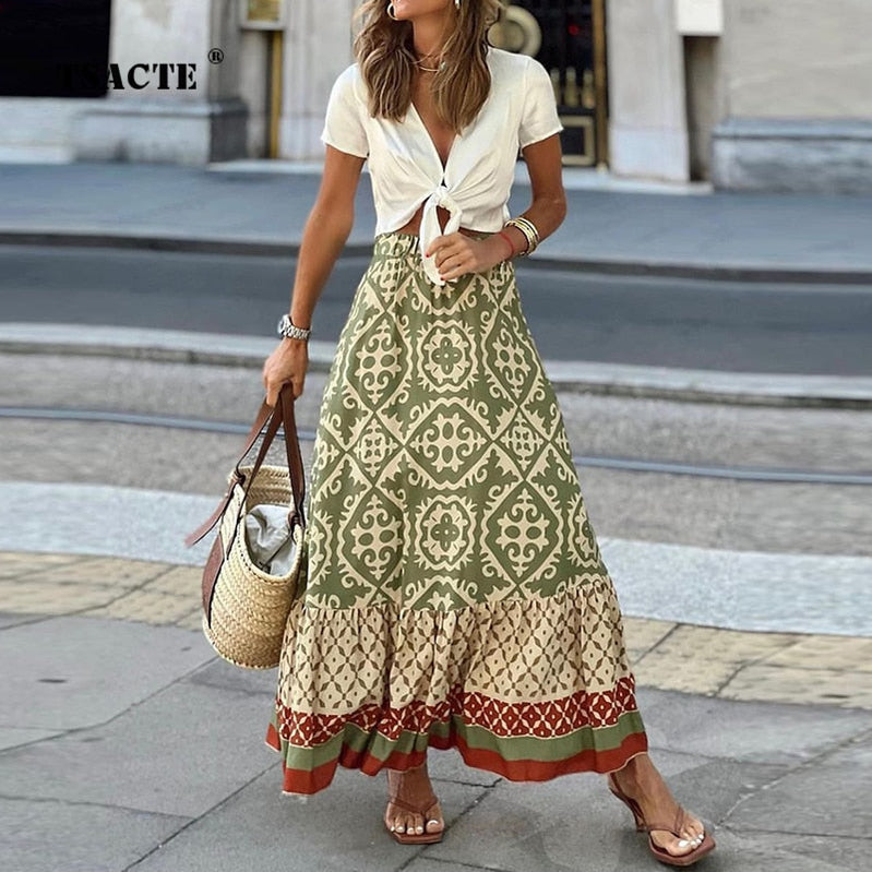 Women's Fashion Skirt 2023 Summer New Commute Geometric Pattern Printing Ruffle Sleeve Loose Stitching Large Swing Women’s Skirt