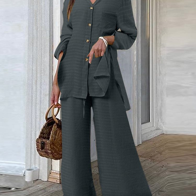 Fashion Women Leopard Print Pant Sets Casual Loose Tops and Pant Outfits Autumn Wide Leg Pant Leisure Two Piece Sets (Solid)Dark Grey