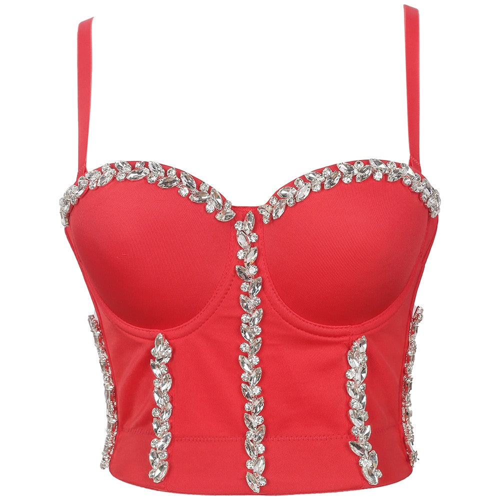 Women Tank Tops Luxury Sequined Rhinestone Pearl Wedding Push Up Bra Woman Clothes Camis Stage Ladies Crop Top Corset y2k Blusas 25-red