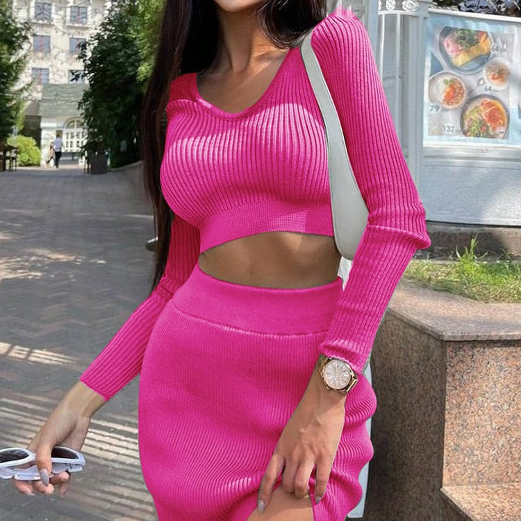 Knitted Winter Women Sexy Sweater Skirt Suit Y2K Fashion Long Sleeve Crop Tops And Long Split Skirt Dress Two Piece Sets