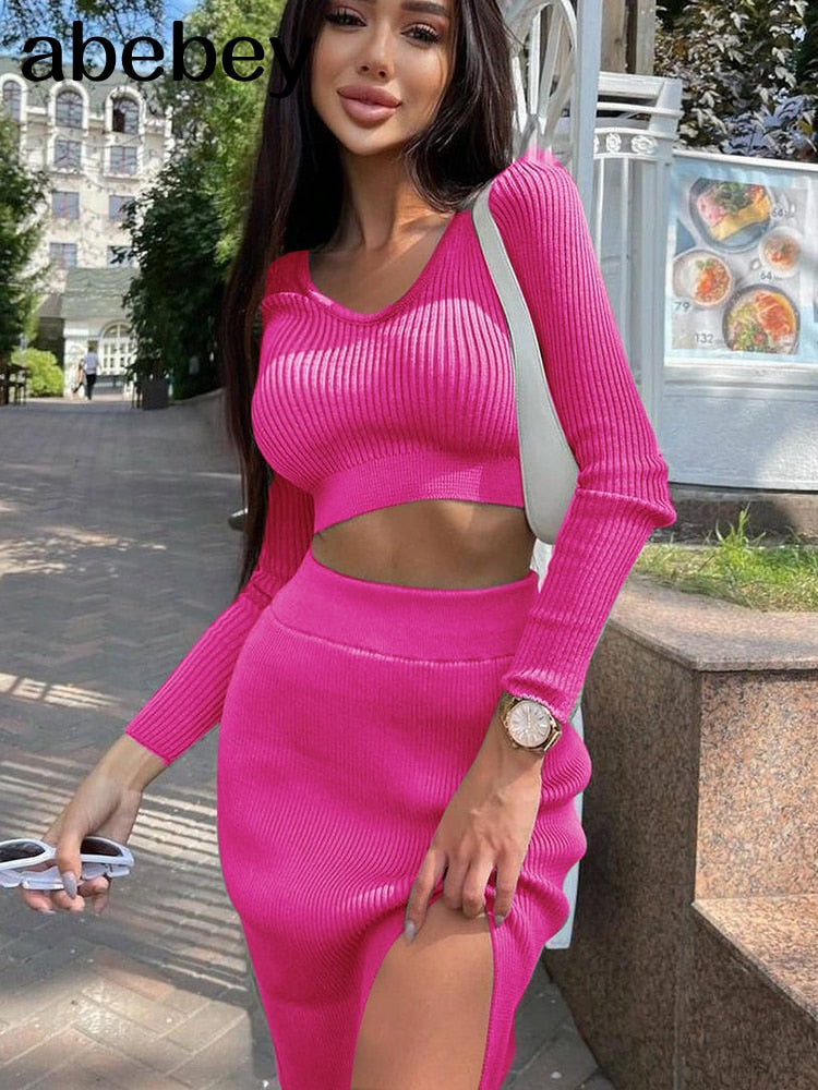Knitted Winter Women Sexy Sweater Skirt Suit Y2K Fashion Long Sleeve Crop Tops And Long Split Skirt Dress Two Piece Sets