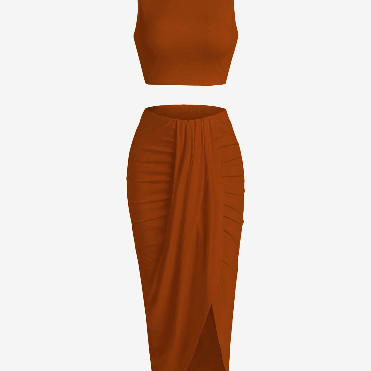 Women’s 2 Pieces Dress Set Sexy Sleeveless Crop Tank Side Slit Twist Skirt Bodycon Maxi Dresses Summer Light Coffee