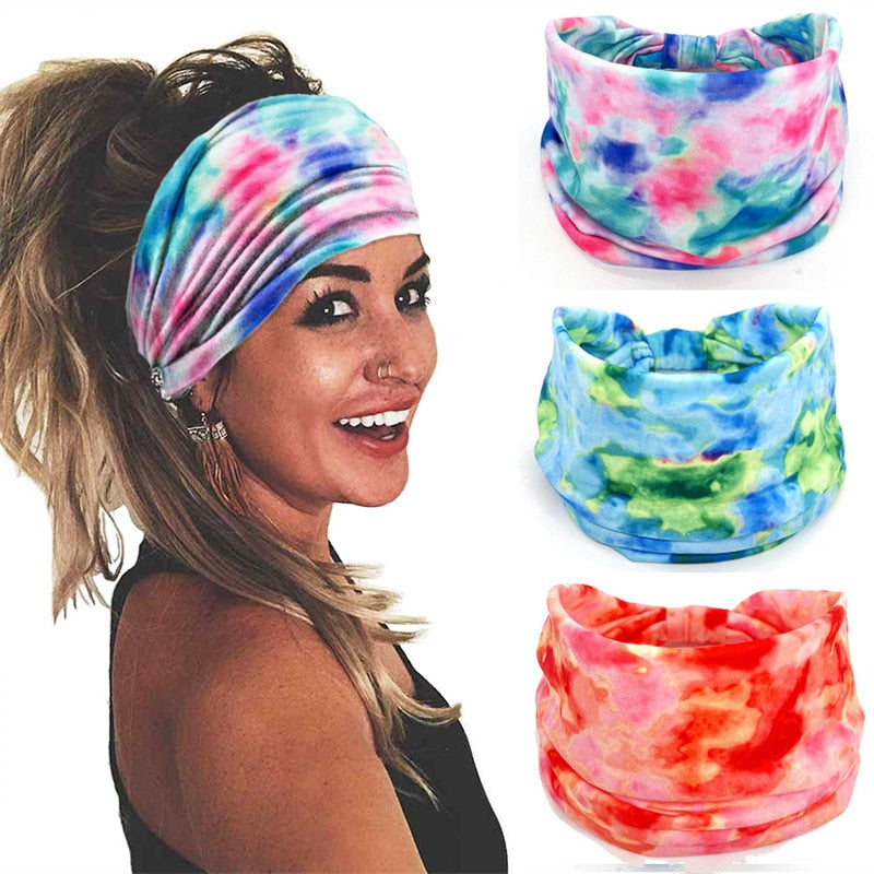 New Tie Dye Turban Sport Hair Sweatband for Women Men Colourful Knot Stretchy Wide Headbands Yoga Bandana Hairbands Bandages